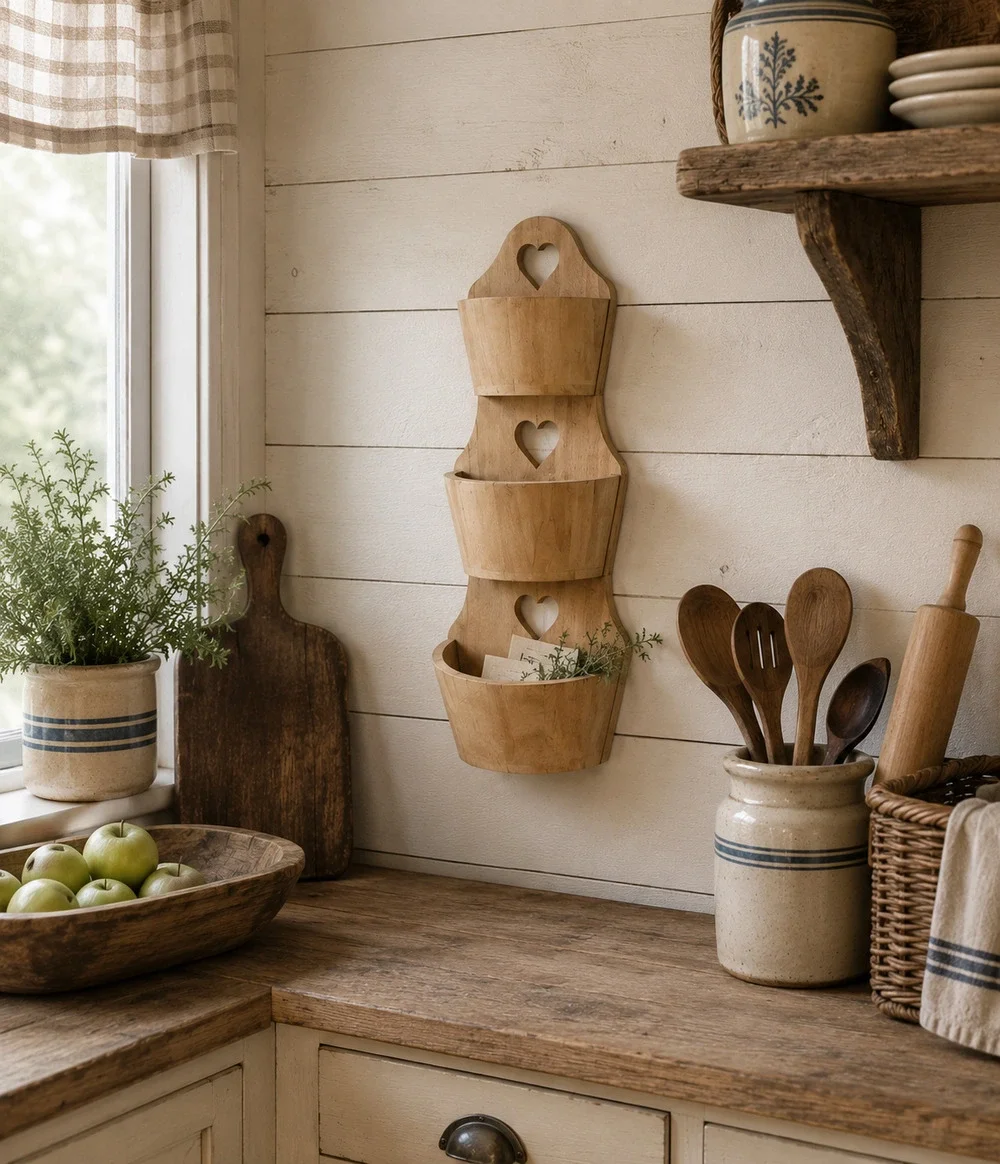 Vintage 3 Tier Wooden Heart Cutout Wall Basket Farmhouse Cottagecore Country